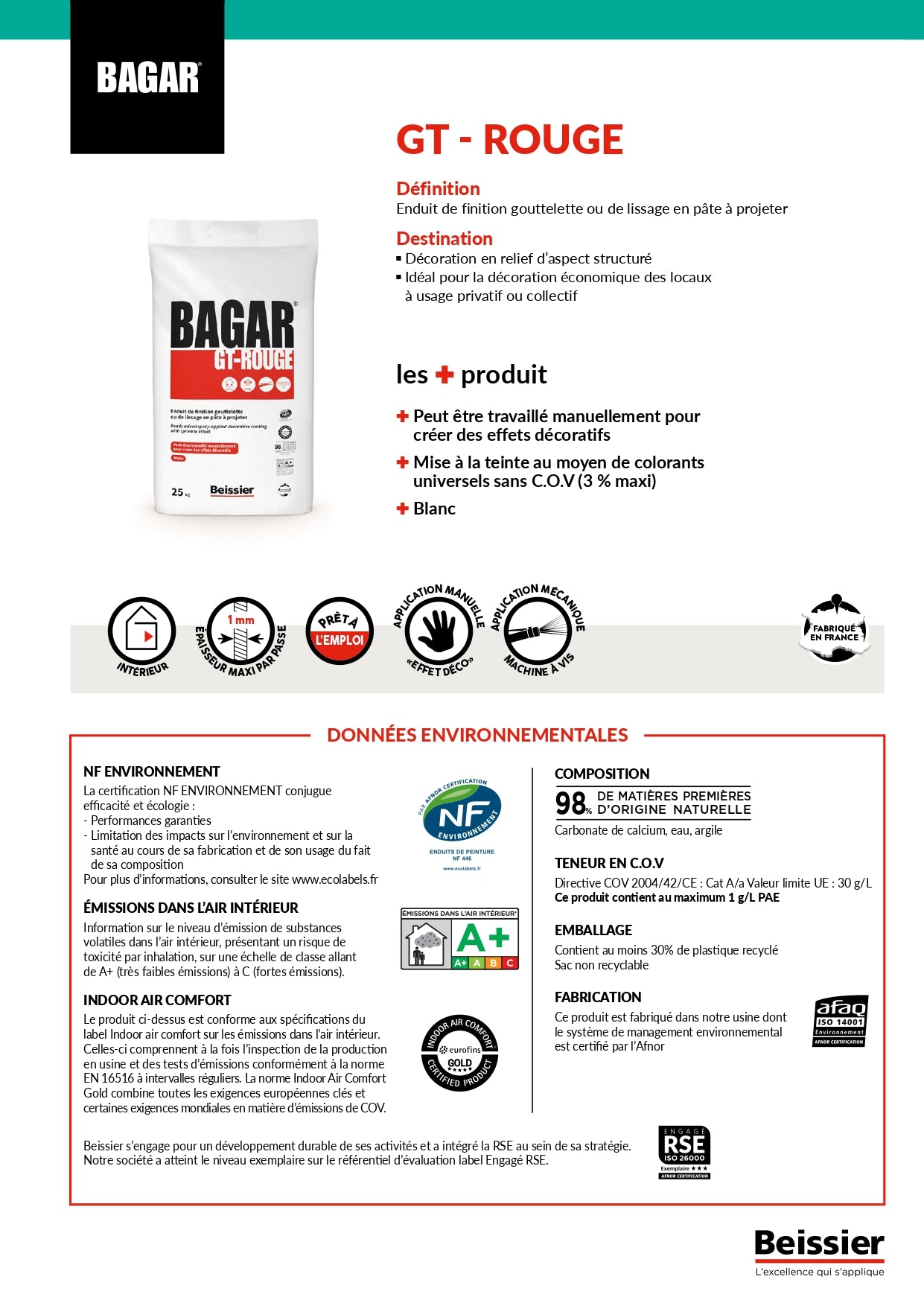 Enduit BAGAR GT ROUGE 25KG