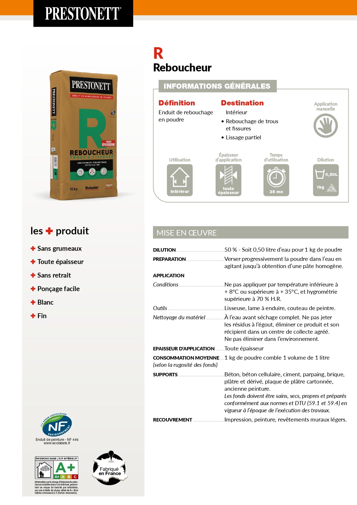 Enduit de Rebouchage Poudre Prestonett R