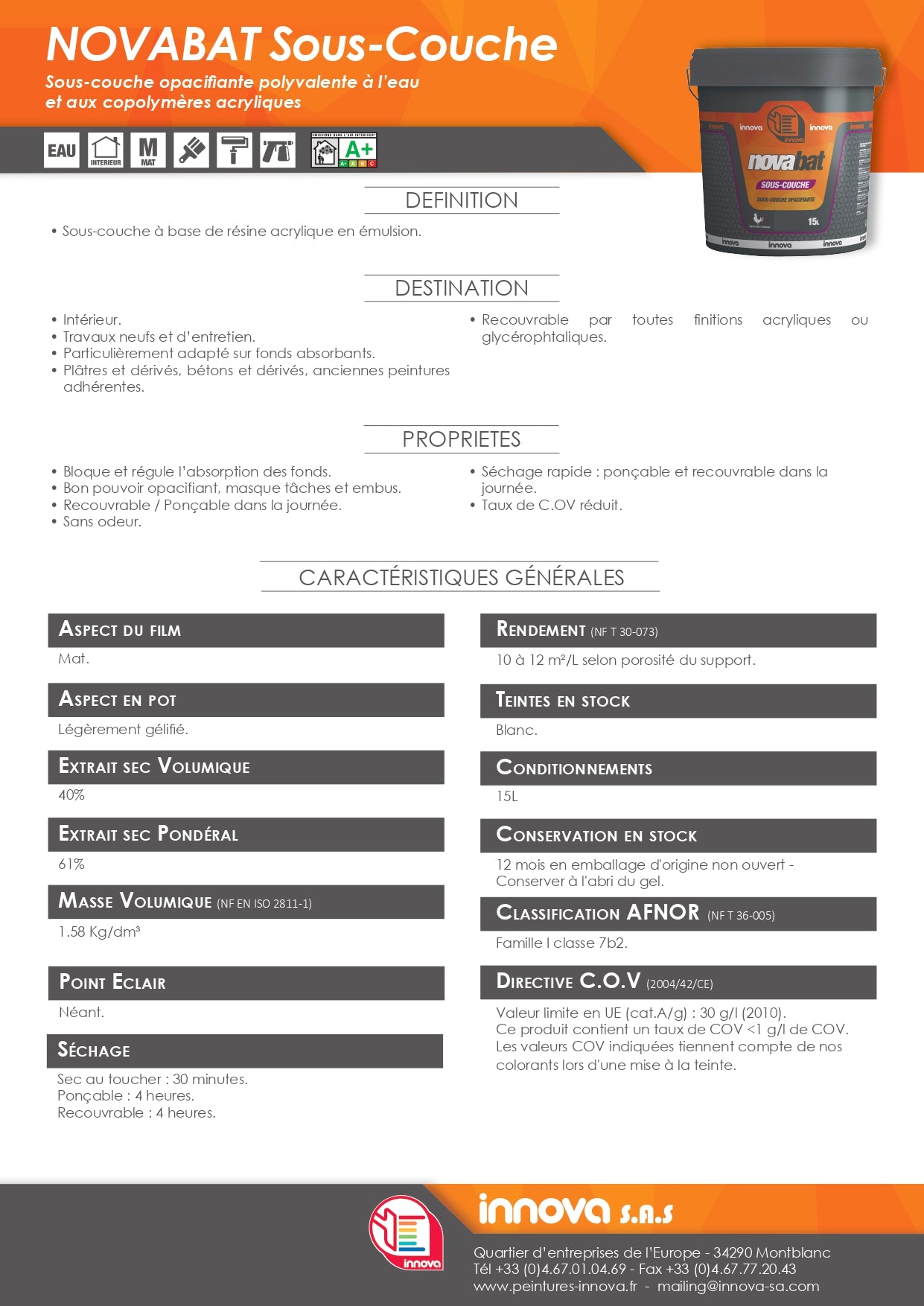 Novabat Sous-Couche 15L Blanc - Gamme Professionnelle INNOVA