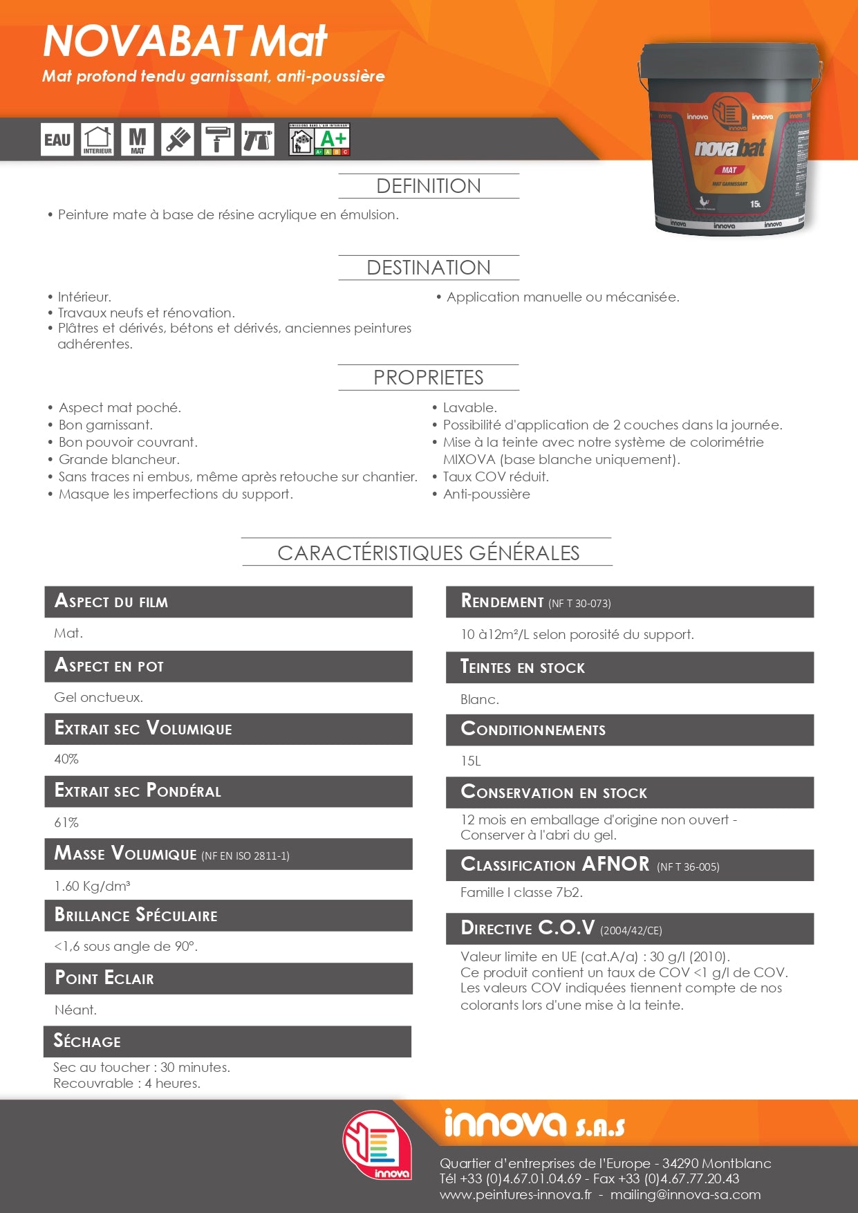 Novabat Mat 15L Blanc - Gamme Professionnelle INNOVA